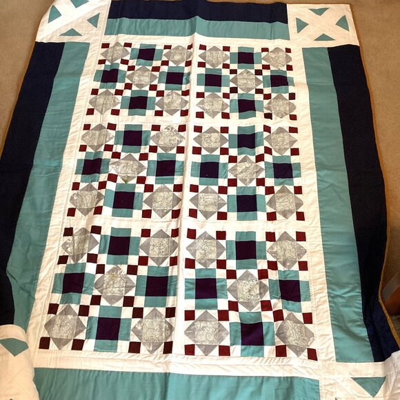Handmade Finished Quilted Twin Quilt Throw Blanket White Blue Cotton 71" x 52" - Picture 1 of 9